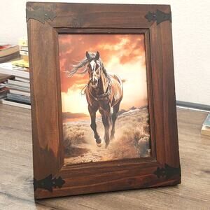 Framed wooden digital created picture of a horse running through the plains
